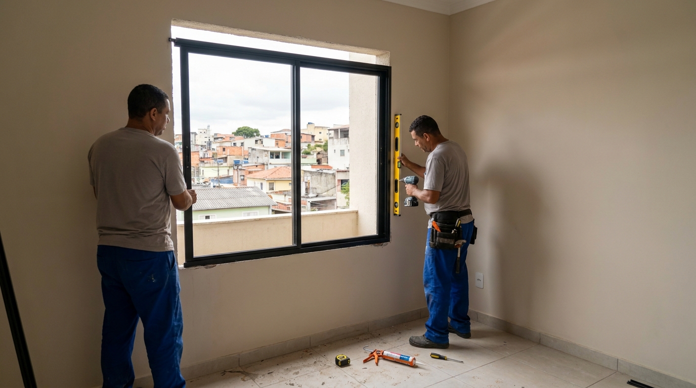 Esquadria de alumínio em quarto bege em Blumenau-SC