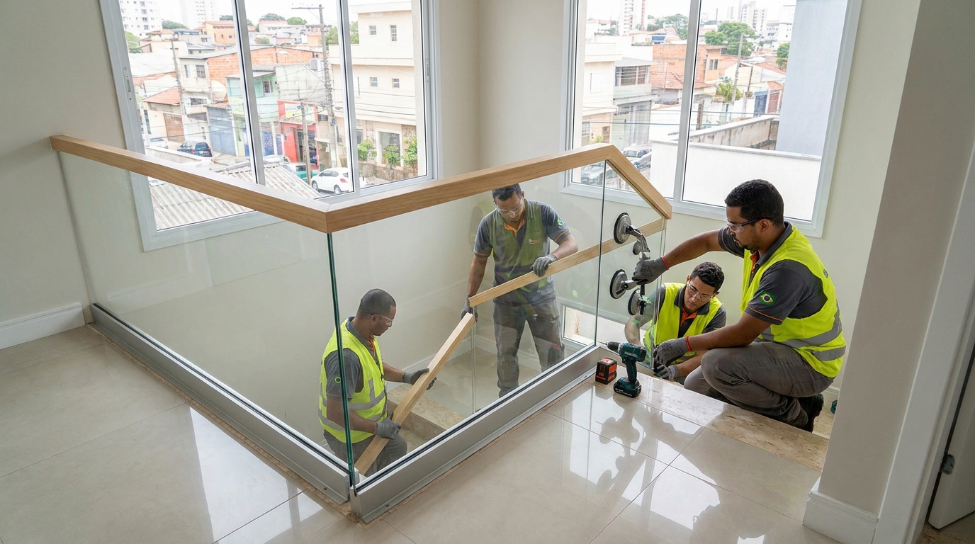 Mezanino interno com guarda-corpo de vidro em Blumenau-SC