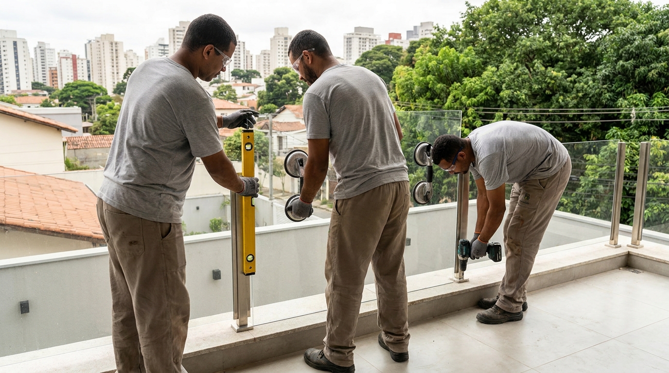 Guarda-corpo em terraço alto com vista cidade em Blumenau-SC