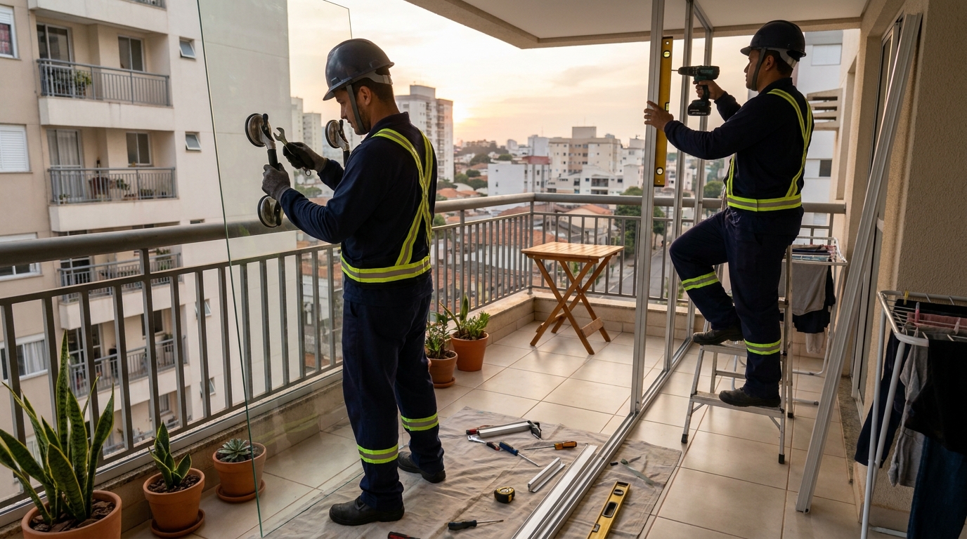 Instalação de parede de vidro em sacada em Blumenau-SC