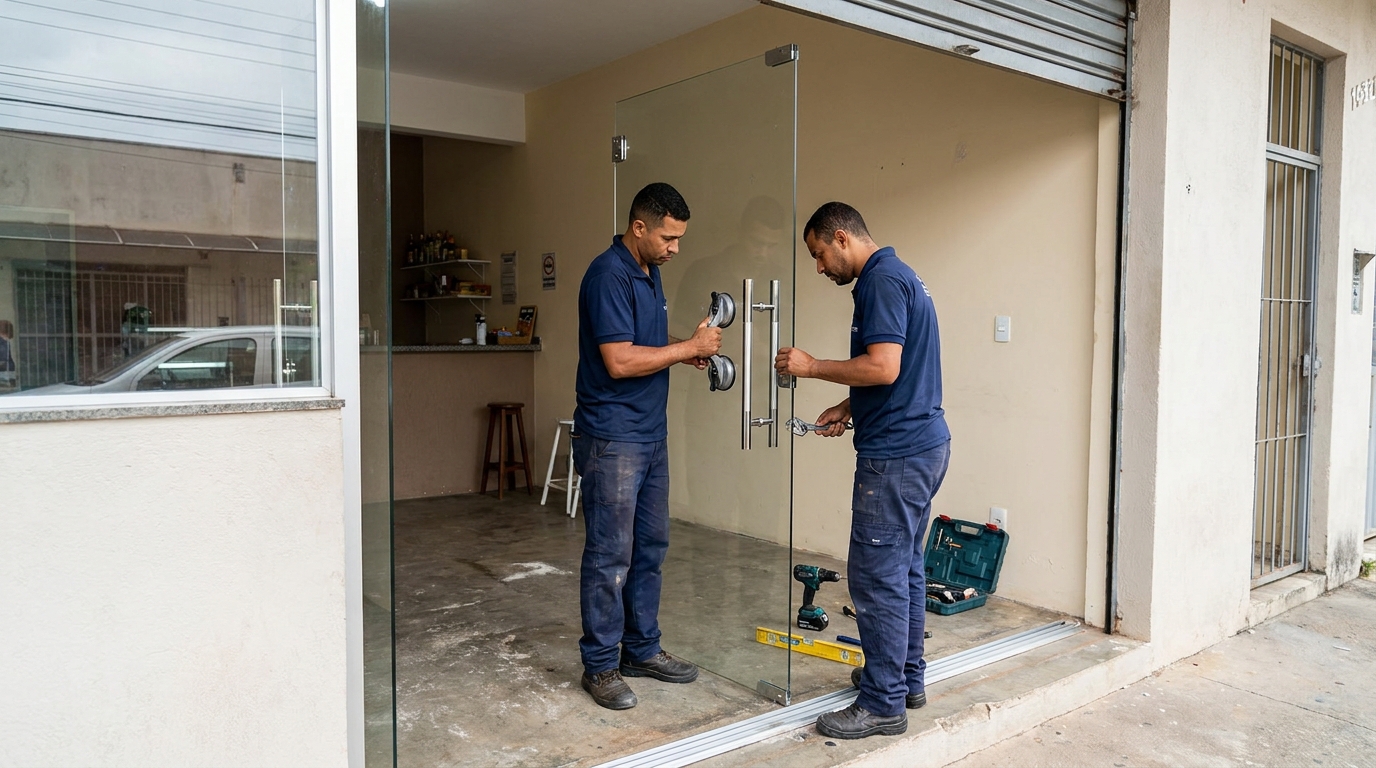 Dupla instalando porta de vidro em loja em Blumenau-SC